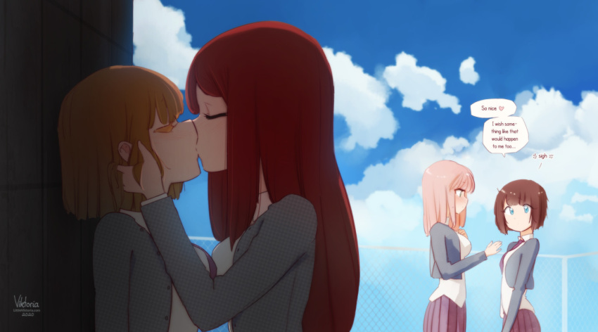 4girls blonde_eyelashes blonde_hair blue_eyes brown_hair closed_eyes clouds english_commentary english_text envy eyebrows_visible_through_hair fence green_eyes heart kiss little_viktoria multiple_girls original pink_hair redhead rooftop sky speech_bubble yuri