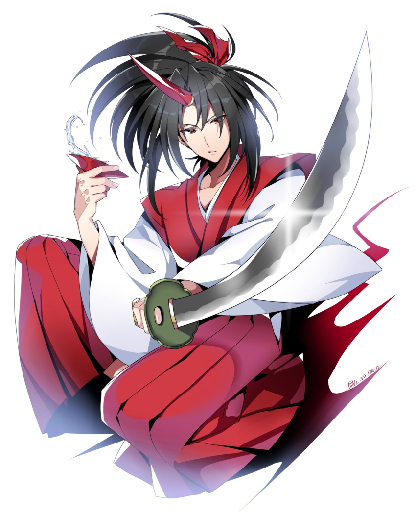 1girl bangs closed_mouth cup hair_ribbon highres holding holding_cup holding_sword holding_weapon horns japanese_clothes kimono konngara_(touhou) kuroshirase long_sleeves looking_at_viewer ponytail red_eyes red_horns red_kimono red_ribbon ribbon sakazuki simple_background single_horn solo sword touhou touhou_(pc-98) twitter_username weapon white_background wide_sleeves