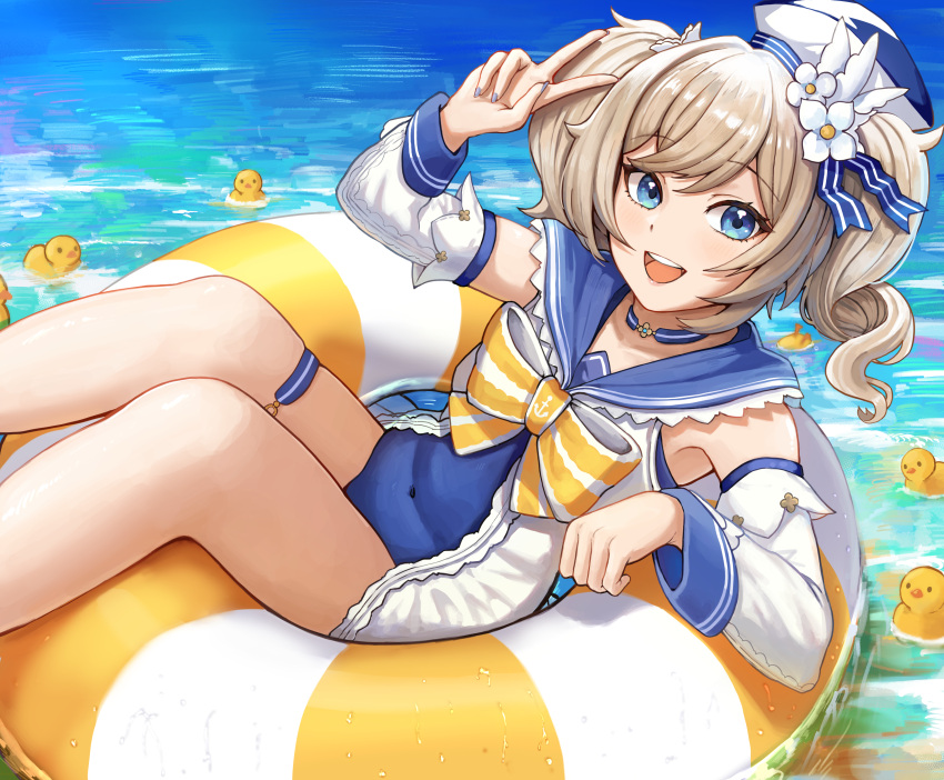 1girl absurdres barbara_(genshin_impact) barbara_(summertime_sparkle)_(genshin_impact) bare_shoulders beach bird blonde_hair blue_eyes bow bowtie choker covered_navel detached_sleeves drill_hair duck flower genshin_impact hair_flower hair_ornament hat highres innertube long_sleeves looking_at_viewer matmaj official_alternate_costume one-piece_swimsuit open_mouth sailor_hat solo swimsuit thigh_strap twin_drills twintails v water