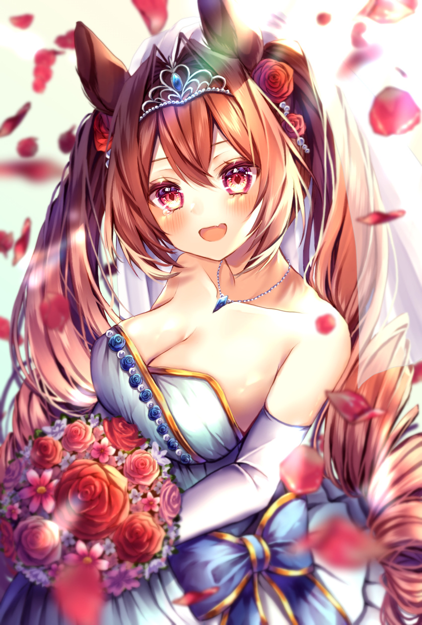 1girl :d animal_ears bare_shoulders blue_bow blush bouquet bow breasts bride collarbone commentary_request cowboy_shot daiwa_scarlet_(umamusume) dress flower hair_flower hair_ornament highres holding holding_bouquet horse_ears jewelry large_breasts long_hair looking_at_viewer necklace open_mouth petals red_eyes red_flower red_rose rose rose_petals simple_background smile solo strapless strapless_dress tiara twintails umamusume very_long_hair wedding_dress white_background white_dress xx_momomo_xx