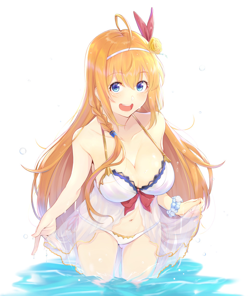 1girl blue_eyes blush breasts eyebrows_visible_through_hair highres large_breasts long_hair looking_at_viewer ocean orange_hair pecorine_(princess_connect!) princess_connect! shimon_(31426784) swimsuit white_swimsuit