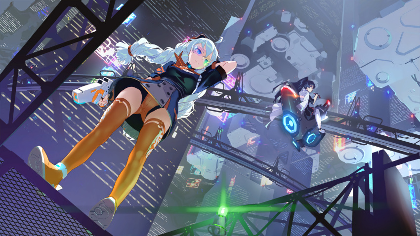 2girls antenna_hair artist_request benghuai_xueyuan black_eyes black_hair blue_eyes braid city city_lights cityscape eyewear_removed floating glasses ground_vehicle gun highres holding holding_gun holding_weapon honkai_(series) honkai_impact_3rd kiana_kaslana motor_vehicle motorcycle multiple_girls official_art ponytail raiden_mei shoes shorts sitting skyline thigh-highs twin_braids weapon white_hair white_legwear yellow_footwear yellow_legwear yellow_shorts