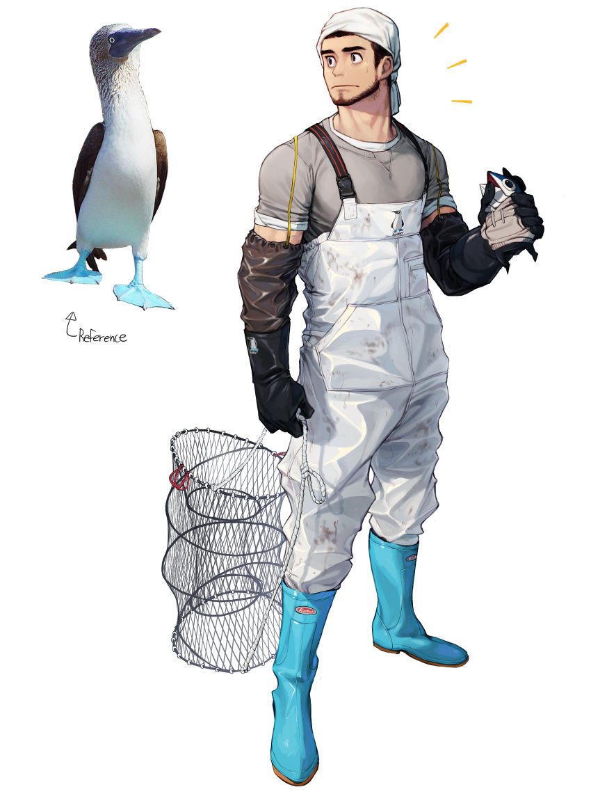 1boy absurdres beard bird black_gloves blue-footed_booby blue_footwear boots elbow_gloves facial_hair gloves grey_shirt highres holding male_focus muscular muscular_male net original personification rinotuna shadow shirt short_sleeves solo white_overalls