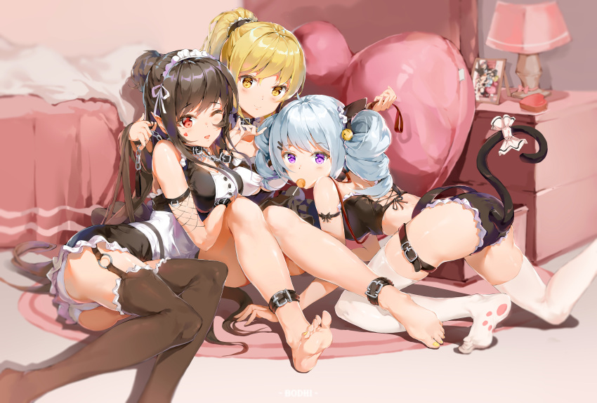 3girls absurdres all_fours ankle_strap arm_support artist_name bangs bare_legs barefoot bed black_choker black_dress black_hair black_legwear black_shorts blonde_hair blush bodhi_wushushenghua breasts candy cat_tail chain chinese_commentary choker closed_mouth commentary_request copyright_request crop_top drawer dress drill_hair eyebrows_visible_through_hair facial_tattoo feet feet_out_of_frame fishnet_sleeves food food_in_mouth full_body hair_ornament hairclip hand_in_hair hands_up heart heart_pillow heart_tattoo highres holding holding_leash indoors lamp leash lollipop long_hair looking_at_viewer lying maid_headdress medium_breasts multiple_girls on_side one_eye_closed open_mouth panties paw_print_soles picture_(object) pillow pointy_ears ponytail red_eyes ribbon shorts silver_hair sitting smile soles tail tail_ornament tail_ribbon tattoo thigh-highs thigh_strap toenail_polish toes twin_drills underwear very_long_hair violet_eyes white_legwear white_panties white_ribbon wristband yellow_eyes yellow_nails