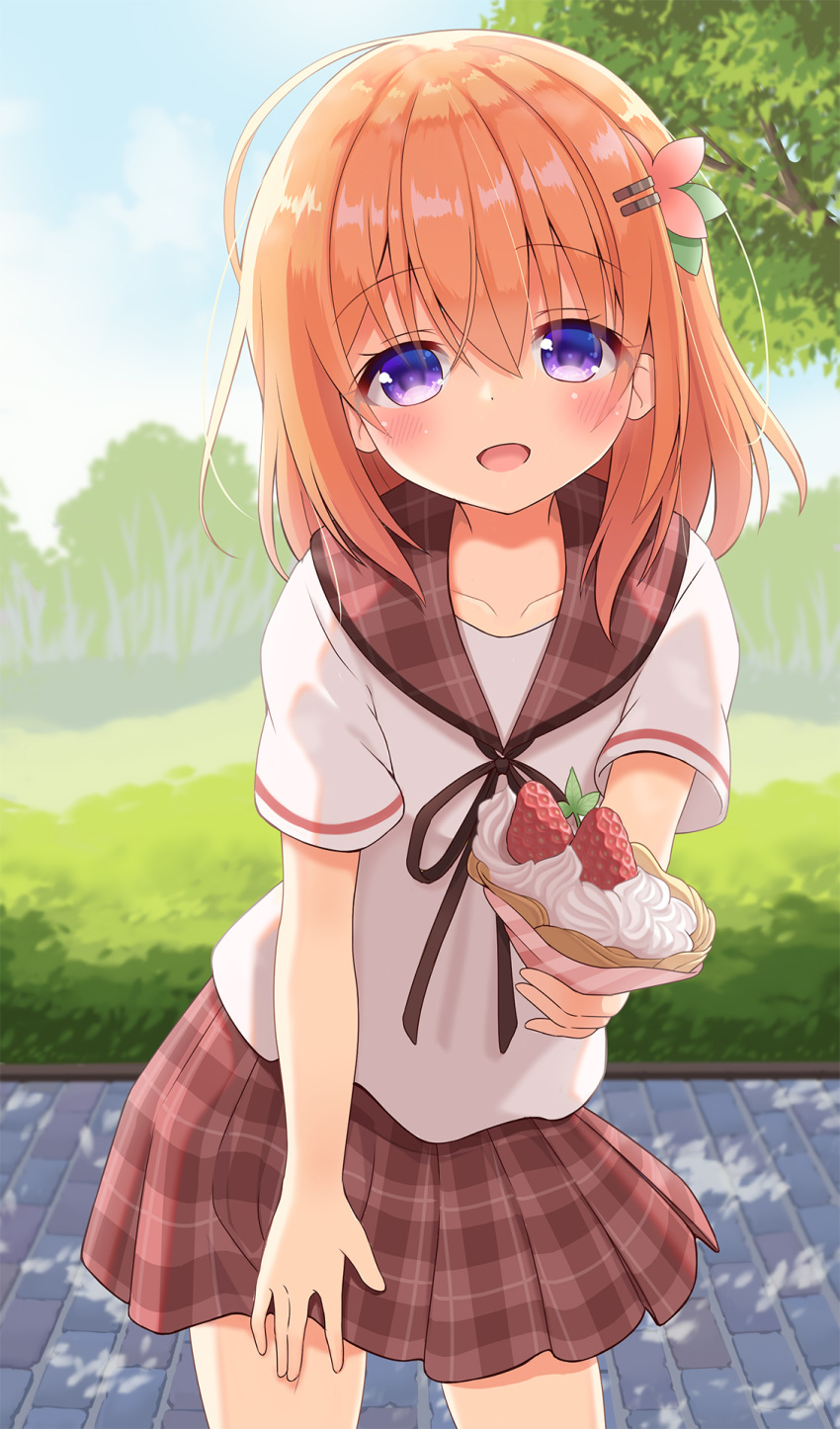 1girl blush bow cream crepe food fruit fujii_tatsuya gochuumon_wa_usagi_desu_ka? hair_ornament hairclip highres hoto_cocoa hoto_cocoa's_school_uniform looking_at_viewer miniskirt open_mouth orange_hair school_uniform serafuku skirt smile solo strawberry violet_eyes