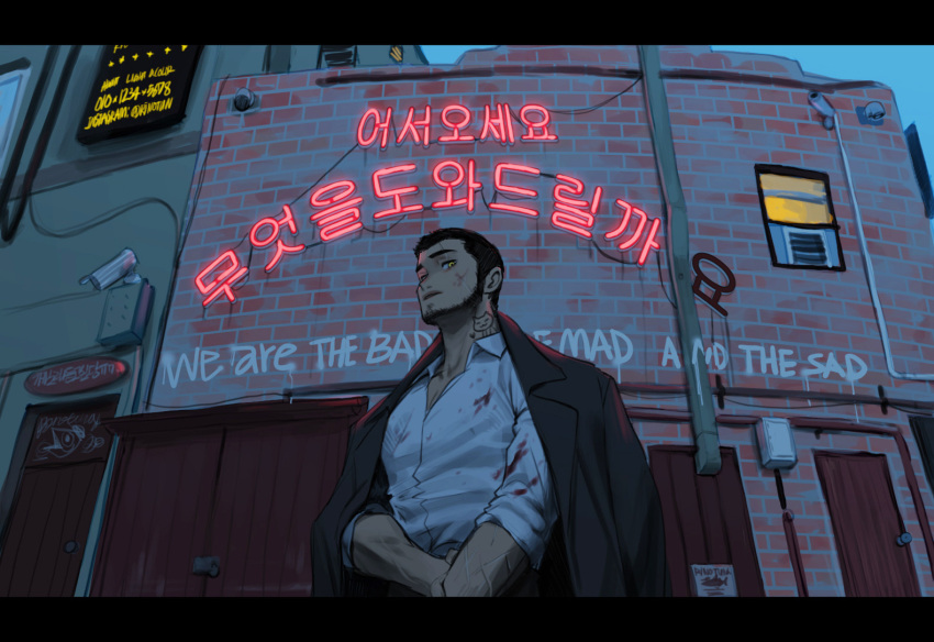 1boy black_jacket brick_wall building collared_shirt jacket jacket_on_shoulders long_sleeves looking_at_viewer male_focus neon_lights open_mouth original rinotuna shirt solo upper_body white_shirt yellow_eyes