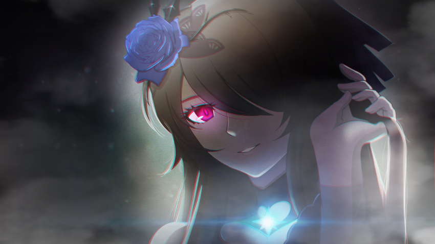 1girl absurdres blue_flower blue_rose chinese_commentary chromatic_aberration commentary_request dark_background flower hair_flower hair_ornament hair_over_one_eye hand_in_hair highres honkai_(series) honkai_impact_3rd jxin lens_flare long_hair looking_at_viewer parted_lips pink_eyes portrait rita_rossweisse rita_rossweisse_(fallen_rosemary) rose solo wallpaper