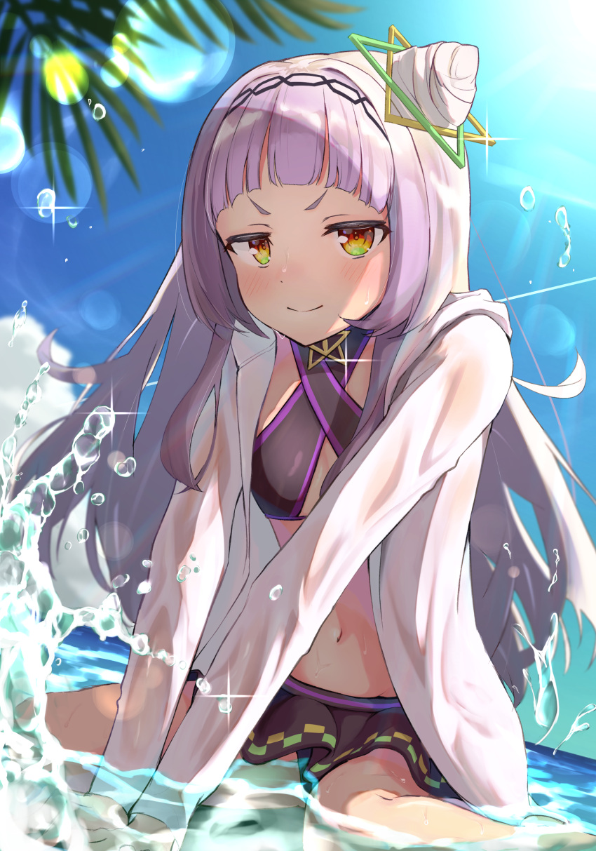 1girl absurdres arms_up bangs bikini blunt_bangs blush bow choker collarbone flat_chest hair_down hairband headband highres hololive long_hair looking_at_viewer microskirt midriff murasaki_shion navel ocean oudon_(udonnaiyo) partially_submerged shirt short_eyebrows side_bun silver_hair skirt smile solo splashing sun swimsuit virtual_youtuber white_shirt yellow_eyes