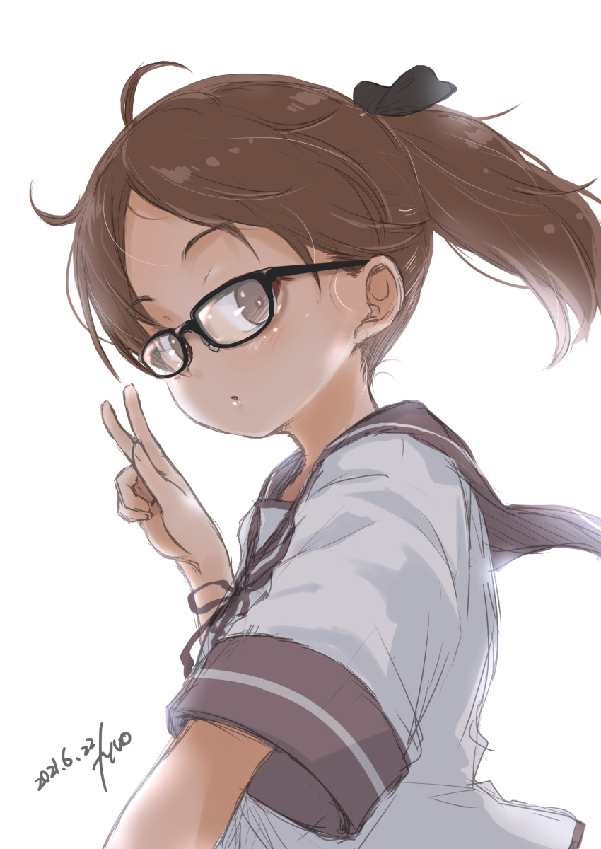 1girl absurdres artist_name bespectacled black-framed_eyewear brown_hair brown_sailor_collar dated fyuo glasses highres kantai_collection looking_at_viewer one-hour_drawing_challenge ponytail sailor_collar school_uniform serafuku shikinami_(kancolle) shirt short_hair simple_background smile solo upper_body v white_background white_shirt