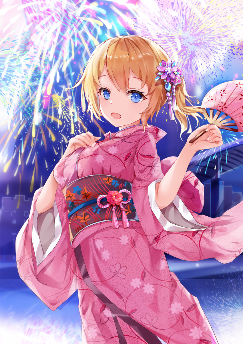 1girl :d aerial_fireworks bangs blonde_hair blue_eyes breasts commentary_request eyebrows_visible_through_hair fan fireworks floral_print flower hair_flower hair_ornament hand_on_own_chest hands_up highres holding holding_fan japanese_clothes kimono long_sleeves looking_at_viewer medium_breasts mutang nail_polish night obi open_mouth original outdoors pink_kimono print_kimono sash short_hair side_ponytail smile solo standing white_nails wide_sleeves yukata