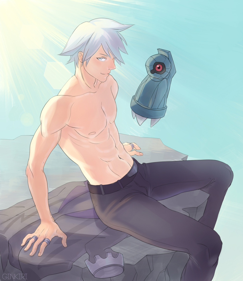 1boy abs arm_support artist_name bangs beldum belt belt_buckle black_belt buckle closed_mouth collarbone commentary day gen_3_pokemon grey_eyes grey_hair highres jacket jacket_removed jewelry lens_flare light_rays looking_at_viewer male_focus natalia_baldina navel outdoors pants pokemon pokemon_(creature) pokemon_(game) pokemon_oras ring shirtless short_hair sitting sitting_on_object smile steven_stone toned toned_male watermark