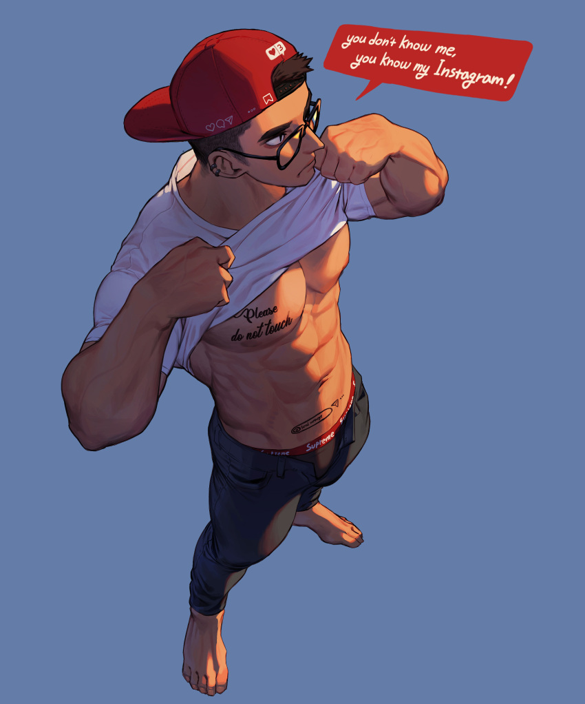 1boy abs absurdres backwards_hat barefoot biceps black_hair black_pants blue_background clothes_lift earrings english_text from_above glasses hat highres jewelry male_focus muscular muscular_male original pants pectorals red_headwear rinotuna shadow shirt shirt_lift short_hair short_sleeves simple_background solo speech_bubble white_shirt