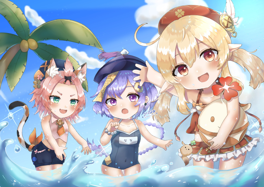 3girls :d absurdres ahoge alternate_costume amulet animal_ears arm_up armpits bangs bangs_pinned_back bead_bracelet beads black_shorts blue_sky bracelet braid carrying cat_ears cat_tail clothing_cutout clouds cloudy_sky clover_print coconut_tree coin_hair_ornament collarbone commentary_request diona_(genshin_impact) dodoco_(genshin_impact) earrings eyebrows_visible_through_hair frilled_swimsuit frills genshin_impact green_eyes hair_between_eyes hair_ribbon hat hat_feather hat_ornament highres in_water jewelry jiangshi jumpy_dumpty klee_(genshin_impact) long_hair looking_at_viewer low_ponytail low_twintails miuna_(user_dunp3235) multiple_girls name_tag navel navel_cutout ocean ofuda open_mouth palm_tree pink_hair pointy_ears purple_hair qing_guanmao qiqi_(genshin_impact) revision ribbon school_swimsuit short_hair shorts sidelocks signature single_braid sky smile swimsuit tail translation_request tree twintails v-shaped_eyebrows violet_eyes waving