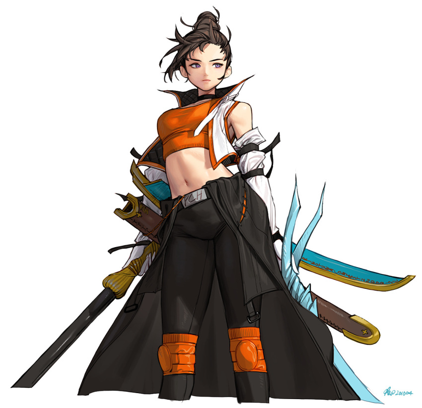 1girl black_headwear black_pants crop_top feet_out_of_frame green_shirt hair_bun highres holding holding_sword holding_weapon midriff original pants rinotuna shadow sheath shirt signature simple_background solo sword vest violet_eyes weapon white_background white_vest