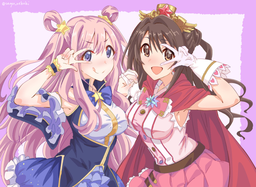 2girls armpits breasts brown_hair cloak eyebrows_visible_through_hair hair_between_eyes hatsune_(princess_connect!) idolmaster idolmaster_cinderella_girls large_breasts long_hair multiple_girls pink_hair princess_connect! seryu_oekaki shimamura_uzuki smile violet_eyes