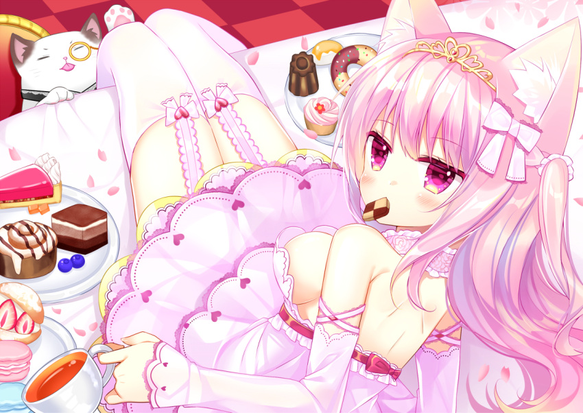1girl animal animal_ear_fluff animal_ears bangs blush bow breasts cat cat_ears checkerboard_cookie checkered checkered_floor closed_mouth commentary_request cookie cup doughnut dress eyebrows_visible_through_hair food food_in_mouth garter_straps hair_between_eyes hair_bow holding holding_cup layered_dress long_hair looking_at_viewer looking_back medium_breasts monocle mouth_hold original petals pink_dress pink_hair plate shikito solo teacup thigh-highs very_long_hair violet_eyes white_bow white_legwear