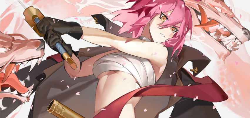 1girl alchemy_stars bandages bare_shoulders black_gloves breasts brown_coat cherry_blossoms coat dragon eastern_dragon gloves highres hiiro_(alchemy_stars) holding holding_weapon katana knifedragon medium_breasts official_art orange_eyes petals pink_hair sarashi sheath short_hair sword unsheathed weapon