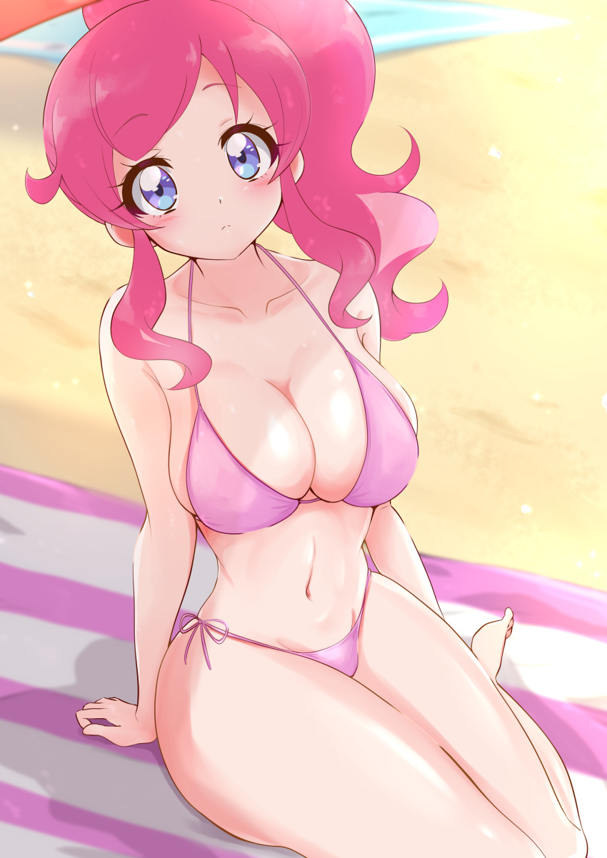 1girl absurdres barefoot beach bikini blue_eyes breasts closed_mouth commentary_request eyebrows_visible_through_hair highres kiratto_pri_chan large_breasts looking_at_viewer momoyama_mirai navel pink_bikini pink_hair ponytail pretty_(series) sand short_hair side-tie_bikini sitting solo sugimura_mickey swimsuit