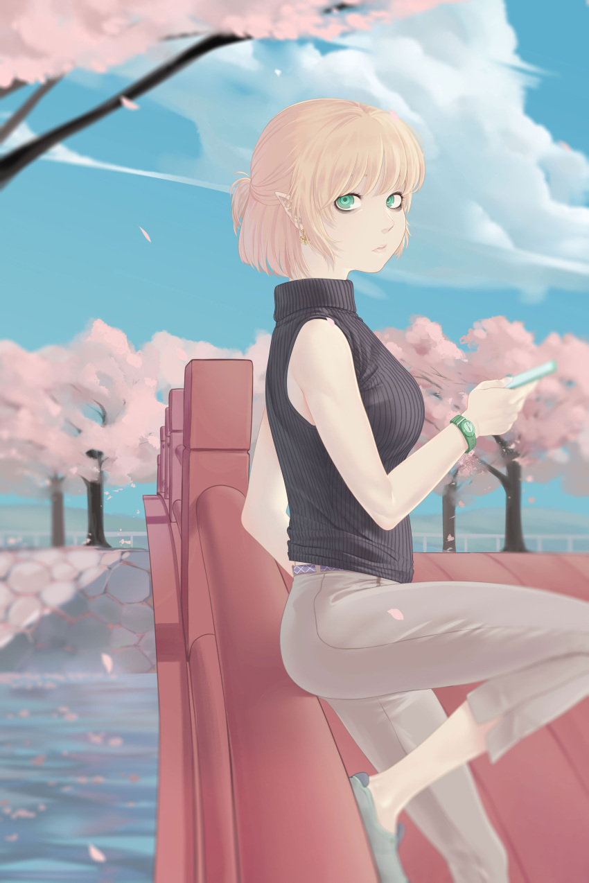 1girl absurdres alternate_costume bangs black_shirt blonde_hair blue_sky breasts bridge brown_pants cellphone cherry_blossoms closed_mouth clouds commentary_request contemporary day foot_out_of_frame green_eyes green_footwear half_updo highres looking_at_viewer looking_to_the_side medium_breasts mizuhashi_parsee outdoors pants phone pointy_ears sakai-saka shirt shoes short_hair short_ponytail sky sleeveless sleeveless_shirt sneakers solo touhou turtleneck watch watch water