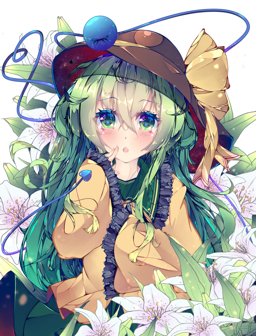 1girl bangs blouse blush bow brown_headwear collar eyebrows_visible_through_hair eyes_visible_through_hair fant floral_background flower frills green_collar green_eyes green_hair green_skirt hair_between_eyes hands_up hat hat_bow highres komeiji_koishi leaf long_hair long_sleeves looking_at_viewer open_mouth skirt sleeves_past_wrists solo touhou white_flower yellow_blouse yellow_bow yellow_sleeves