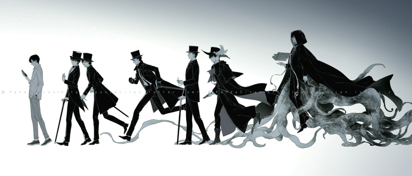 6+boys arrodes_(lord_of_the_mysteries) black_cape black_coat black_footwear black_gloves black_headwear black_neckwear black_suit book bow bowtie cane cape cellphone coat ears feathers floating formal glasses gloves gundongdejie hat highres klein_moretti looking_back lord_of_the_mysteries mirror monocle multiple_boys necktie phone pocket_watch robe running shirt suit symbol talking tentacles top_hat walking watch watermark white_shirt