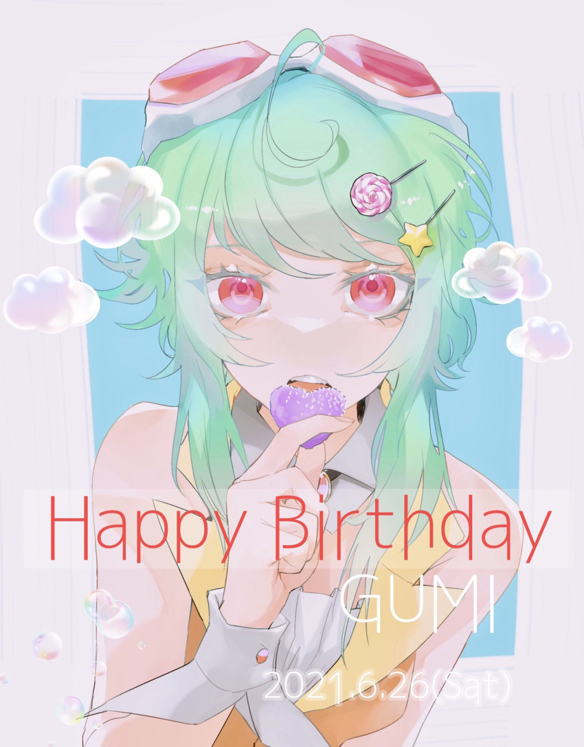 1girl ahoge alternate_eye_color bare_shoulders bubble candy candy_hair_ornament character_name commentary dated food food-themed_hair_ornament goggles goggles_on_head green_hair gumi hair_ornament hairclip happy_birthday heart highres hikaru_(eme_r_oo) holding holding_heart lollipop looking_at_viewer orange_vest red_eyes red_goggles short_hair_with_long_locks sidelocks solo star_(symbol) star_hair_ornament upper_body vest vocaloid wrist_cuffs