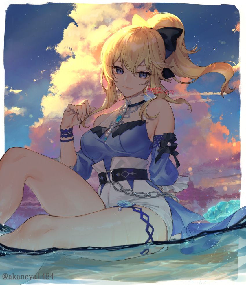 1girl bare_shoulders beach blonde_hair blouse blue_blouse blue_eyes blue_sky bow breasts clouds cloudy_sky flower genshin_impact hair_bow highres jean_(genshin_impact) looking_at_viewer ojo_aa ponytail rose shorts signature sky smile solo water white_shorts wristband