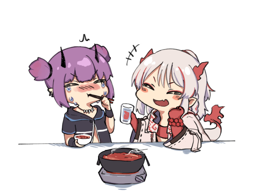 2girls arknights bead_bracelet beads black_shirt blush_stickers bowl bracelet chibi chinese_commentary chopsticks closed_eyes crying cup demon_horns dragon_girl dragon_horns dragon_tail eating fang flush glass holding holding_bowl holding_chopsticks holding_cup horns hotpot jacket jewelry lava_(arknights) mabing multicolored_hair multiple_girls nian_(arknights) open_mouth pointy_ears ponytail red_bandeau redhead shirt short_hair short_twintails simple_background skin_fang spicy streaked_hair tail tail-tip_fire tooth_necklace twintails upper_body v-shaped_eyebrows white_background white_hair white_jacket