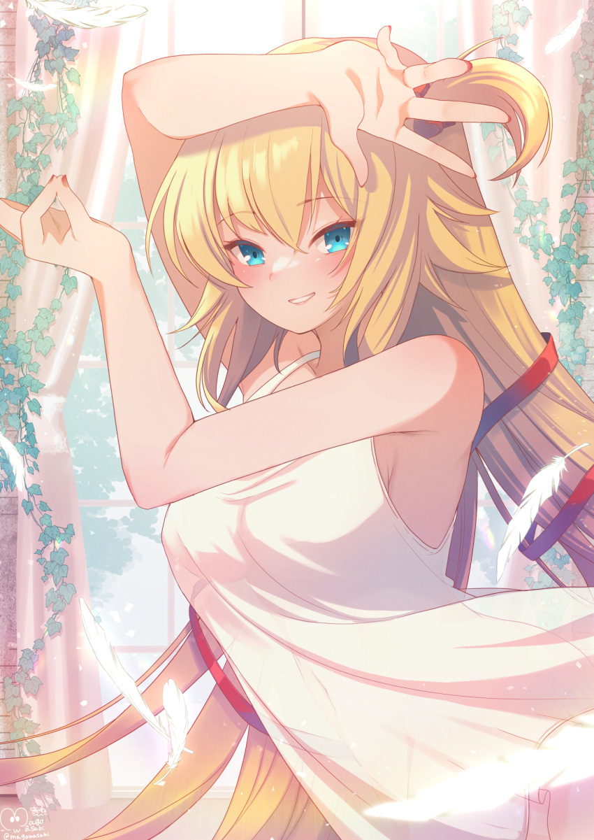 1girl akai_haato arms_up bangs bare_arms blonde_hair blue_eyes blush breasts commentary_request dress eyebrows_visible_through_hair feathers hair_between_eyes hair_ribbon highres hololive indoors long_hair looking_at_viewer magowasabi nail_polish one_side_up parted_lips plant red_nails red_ribbon ribbon sleeveless sleeveless_dress smile solo upper_body very_long_hair vines virtual_youtuber white_dress window