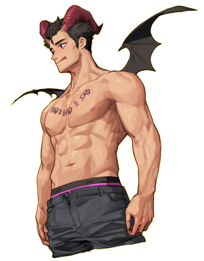 1boy abs biceps black_hair black_pants black_wings cowboy_shot cropped_legs english_text highres horns licking_lips male_focus muscular muscular_male original pants pectorals red_horns rinotuna shadow shirtless short_hair simple_background solo tongue tongue_out veiny_arms white_background wings