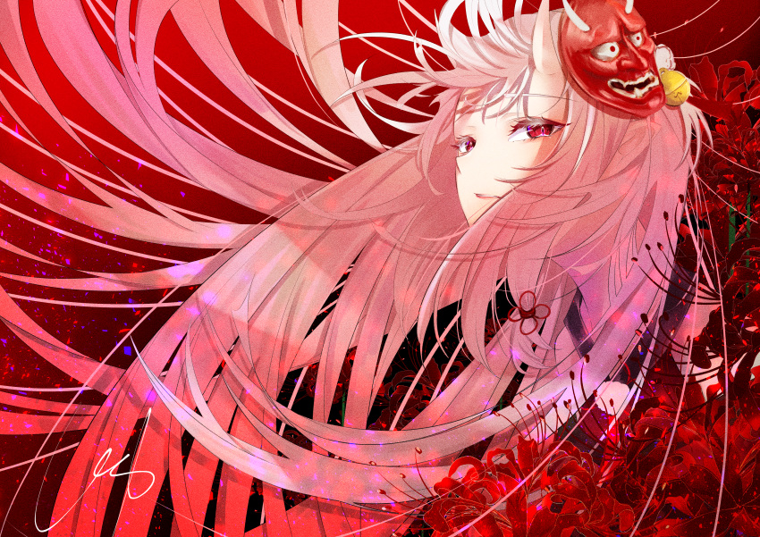 1girl absurdres eyelashes flower highres hololive horns huge_filesize long_hair mask mask_on_head nakiri_ayame oni oni_mask red_background red_eyes signature silver_hair skin-covered_horns spider_lily upper_body urotare virtual_youtuber