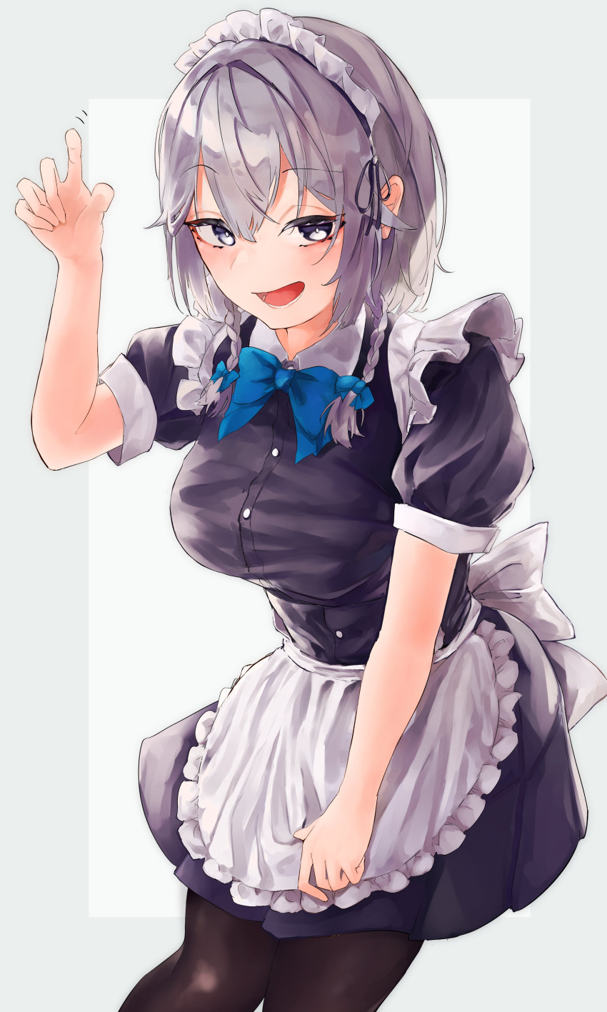 1girl absurdres apron black_dress blue_bow blue_neckwear bow bowtie braid dress grey_eyes highres izayoi_sakuya maid maid_apron maid_headdress puffy_short_sleeves puffy_sleeves short_sleeves silver_hair smile tabey0u touhou twin_braids