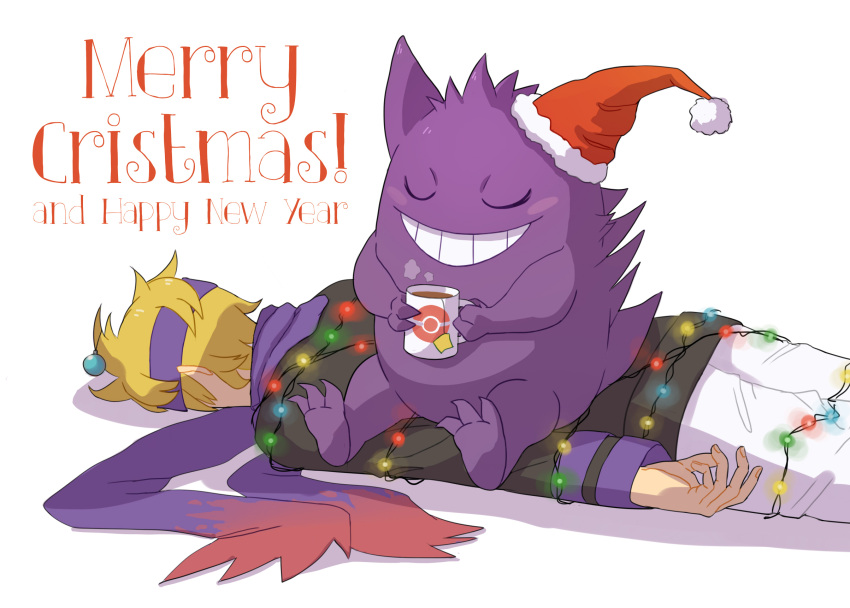 1boy blonde_hair christmas christmas_lights closed_eyes commentary cup face_down fur-trimmed_headwear gen_1_pokemon gengar grin gym_leader happy_new_year hat hatted_pokemon headband highres holding holding_cup long_sleeves lying male_focus merry_christmas morty_(pokemon) natalia_baldina new_year on_stomach pants poke_ball_print pokemon pokemon_(creature) pokemon_(game) pokemon_hgss purple_headband purple_scarf red_headwear santa_hat scarf short_hair sitting sitting_on_person smile steam tea teeth white_pants