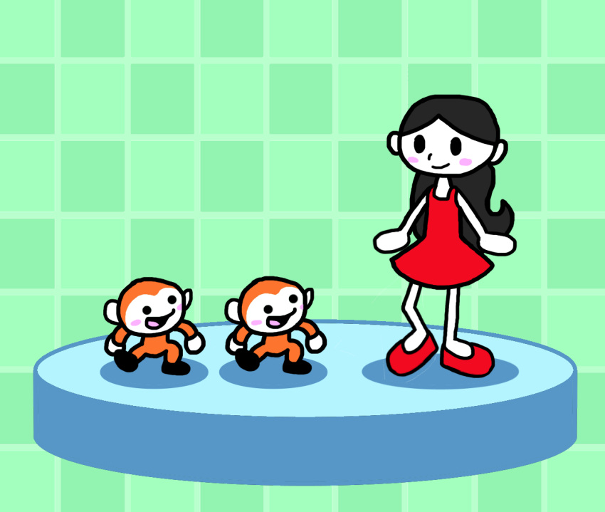 1girl 2others animal black_hair blush_stickers checkered_background cute dancing dress flats girl_(rhythm_heaven) girl_(rhythm_tengoku) human long_hair mammal monkey monkey_(rhythm_heaven) nintendo phantomballoonboy64 ponytail red_dress red_shoes rhythm_heaven rhythm_tengoku rhythm_tengoku_(game) shoes white_skin