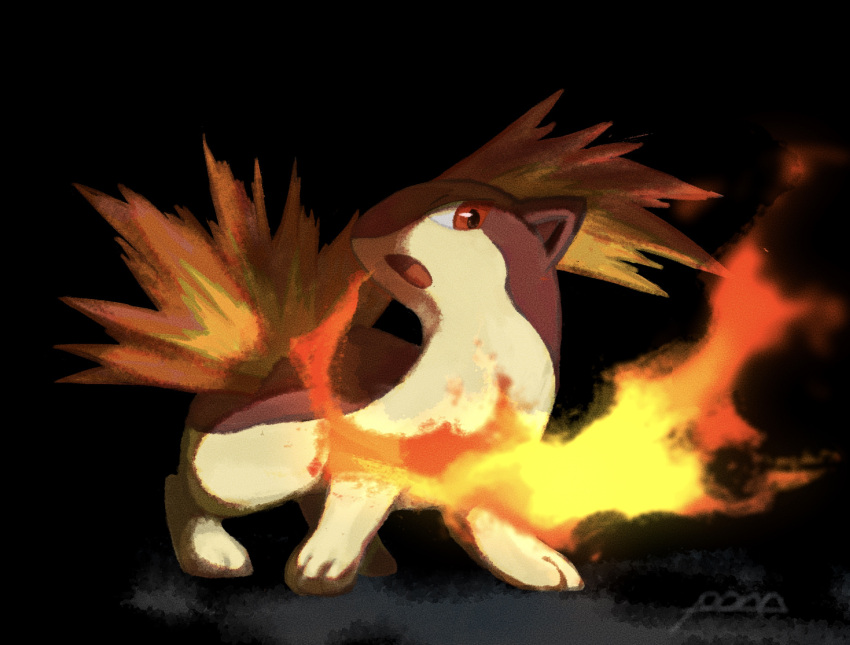 alternate_color black_background commentary fire from_below gen_2_pokemon highres no_humans open_mouth paws pn_(ltpn_257) pokemon pokemon_(creature) quilava red_eyes shiny_pokemon standing toes tongue