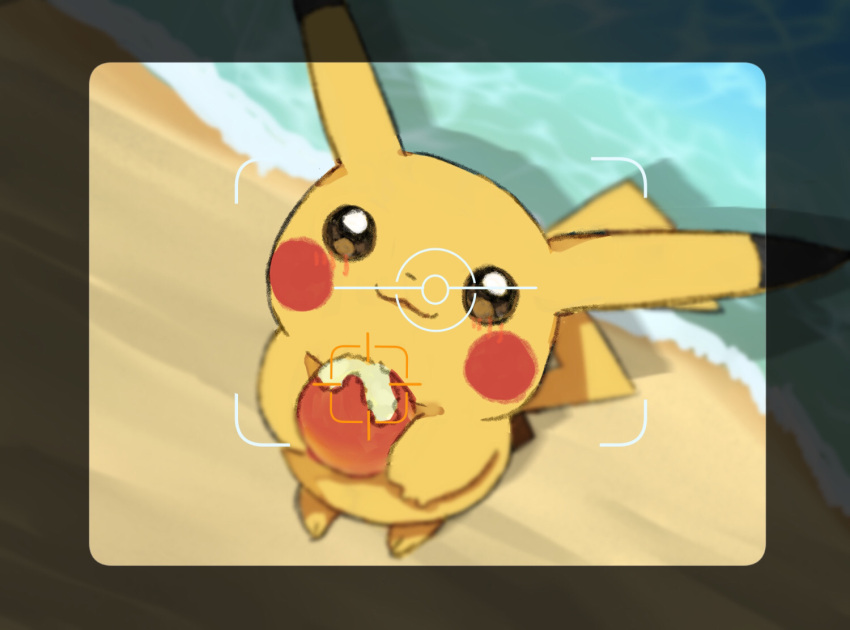 apple brown_eyes closed_mouth day food from_above fruit gen_1_pokemon holding holding_food holding_fruit konomaru looking_up new_pokemon_snap no_humans outdoors pikachu poke_ball_symbol pokemon pokemon_(creature) sand shore smile solo viewfinder water