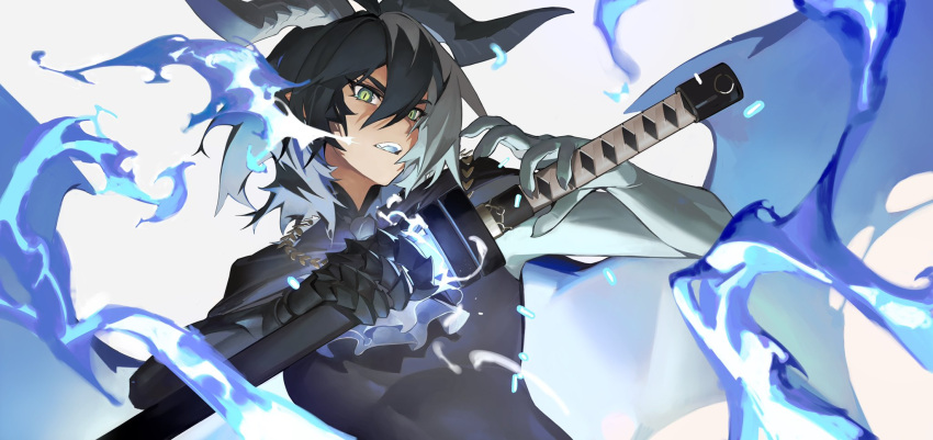 1girl alchemy_stars ascot asymmetrical_horns black_hair blue_fire dragon_girl dragon_horns dragon_wings fire gauntlets green_eyes highres horns katana knifedragon looking_at_viewer multicolored_hair official_art open_mouth sheath short_hair skin_tight solo sword unsheathing weapon white_hair wings