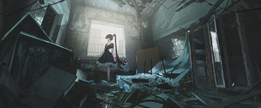 1girl barred_window black_dress black_hair brick_wall cabinet dress high_ponytail highres indoors light_particles long_hair messy_room miyoshi_nao_(miyoshist) multicolored_hair original plank ponytail red_eyes redhead scenery solo streaked_hair two-tone_hair very_long_hair