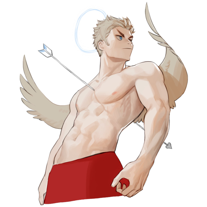 1boy abs angel_wings arrow_(projectile) biceps blonde_hair blue_eyes feathered_wings halo highres impaled male_focus nipples original pectorals rinotuna shirtless short_hair simple_background solo white_background wings