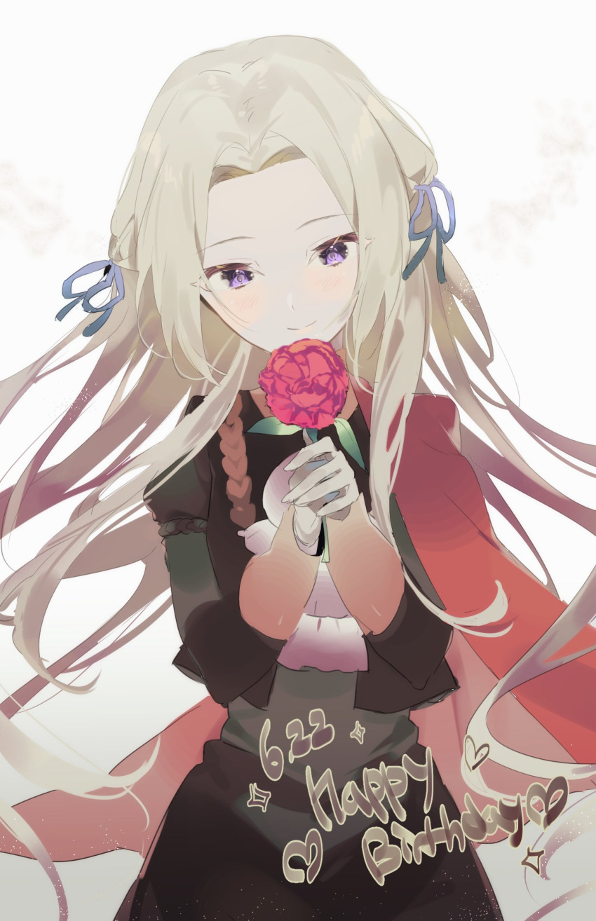 1girl breasts cape cravat edelgard_von_hresvelg fire_emblem fire_emblem:_three_houses flower garreg_mach_monastery_uniform gloves hair_ornament hair_ribbon highres long_hair long_sleeves looking_at_viewer meunhongcha red_cape ribbon rose simple_background solo uniform violet_eyes white_hair