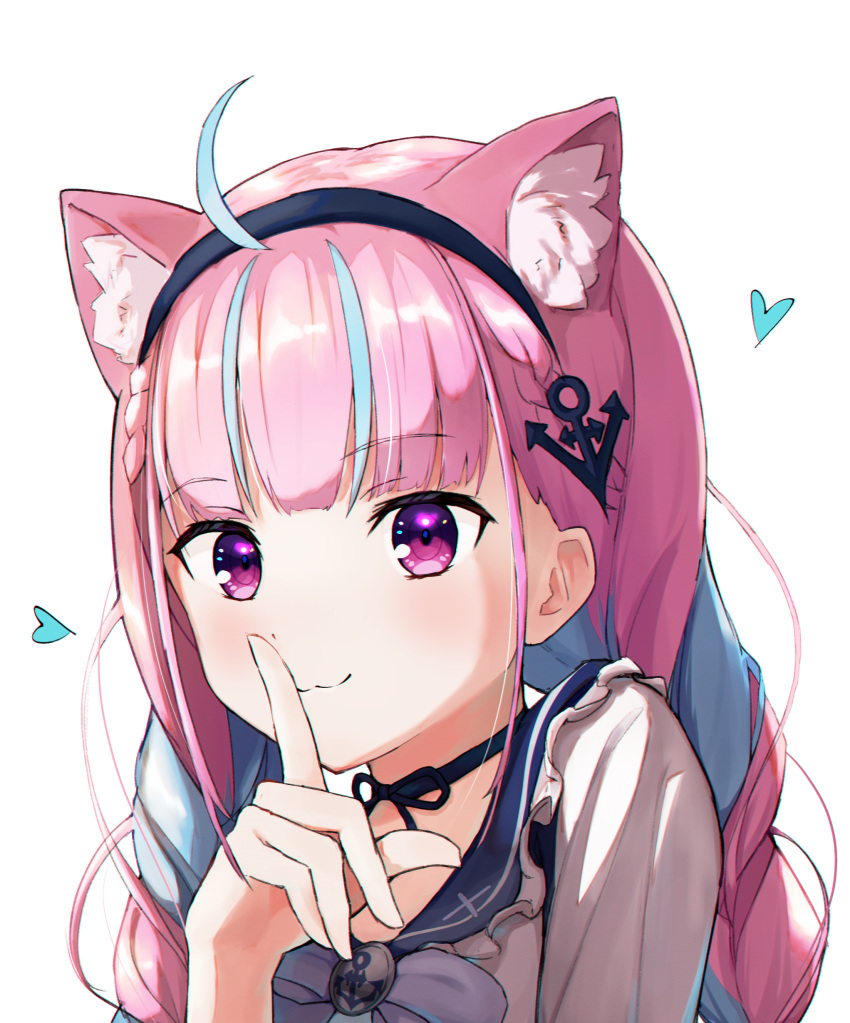 1girl absurdres ahoge anchor anchor_hair_ornament anchor_symbol animal_ear_fluff animal_ears bangs blue_hair blunt_bangs bow braid cat_ears cat_girl closed_mouth colored_inner_hair drill_hair finger_to_mouth hair_ornament hairband heart highres hololive jewelry long_hair looking_at_viewer minato_aqua multicolored_hair necklace oudon_(udonnaiyo) purple_hair simple_background solo tied_hair twin_braids twin_drills two-tone_hair upper_body violet_eyes virtual_youtuber