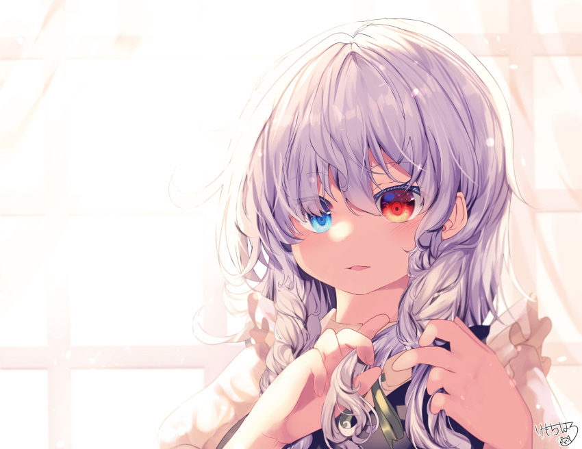 1girl artist_name bangs blue_dress blue_eyes braid dress eyebrows_visible_through_hair eyes_visible_through_hair hair_between_eyes hands_in_hair hands_up highres izayoi_sakuya kemo_chiharu looking_at_viewer medium_hair multicolored multicolored_eyes no_hat no_headwear open_mouth puffy_short_sleeves puffy_sleeves red_eyes short_sleeves silver_hair smile solo sunlight touhou twin_braids white_sleeves window