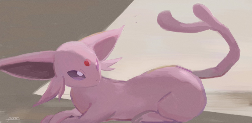commentary espeon forked_tail from_side gen_2_pokemon highres looking_back lying no_humans on_stomach pn_(ltpn_257) pokemon pokemon_(creature) signature tail violet_eyes