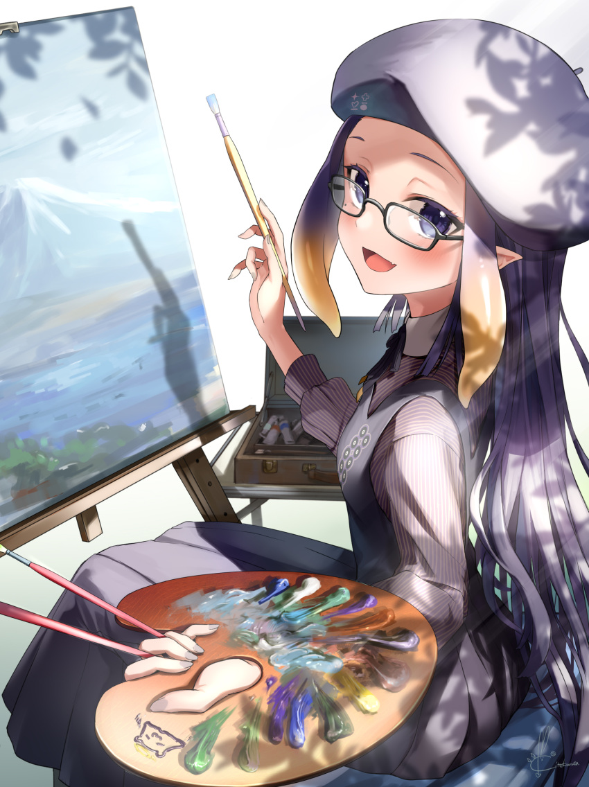 1girl :d absurdres beret black_dress blonde_hair blush canvas_(object) commentary dress easel fang feet_out_of_frame from_side glasses gradient_hair grey_nails hat highres holding holding_paintbrush holding_palette hololive hololive_english kito_koruta long_hair long_sleeves looking_at_viewer multicolored_hair nail_polish ninomae_ina'nis open_mouth paint paintbrush painting palette pinstripe_pattern pinstripe_shirt pointy_ears purple_hair purple_headwear shirt signature simple_background sitting skin_fang sleeveless sleeveless_dress smile solo striped very_long_hair violet_eyes virtual_youtuber white_background
