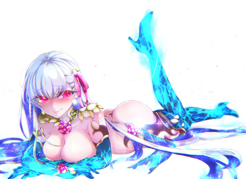 ass blush breasts fate/grand_order fate_(series) flower hair_ribbon high_heels highres kama_(fate) large_breasts long_hair looking_to_the_side lotus nekom_taashi red_eyes revealing_clothes ribbon smile very_long_hair white_hair