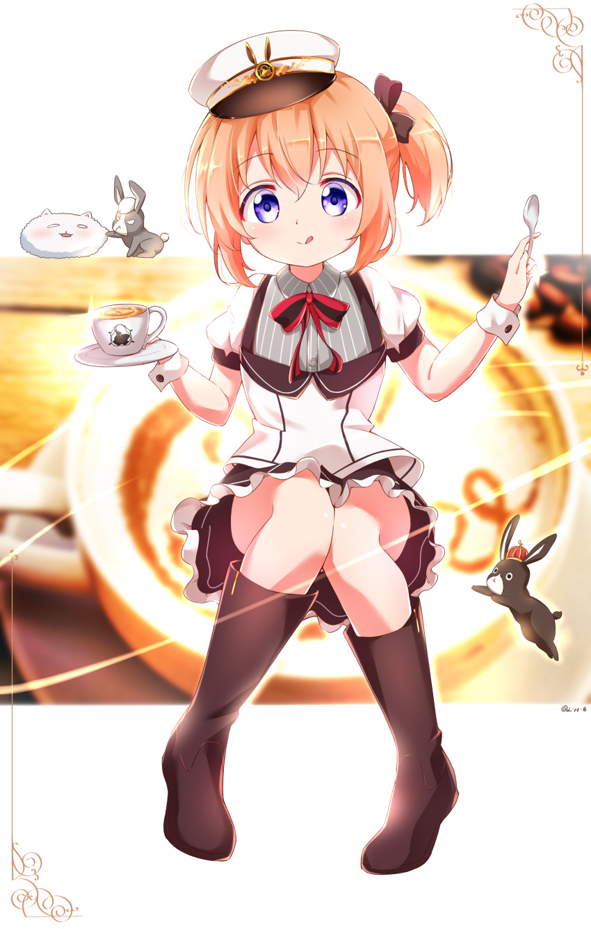 1girl :p absurdres alternate_costume alternate_hairstyle angora_rabbit anko_(gochiusa) blurry blurry_background boots bow child closed_mouth coffee_mug cup eyebrows_visible_through_hair frilled_skirt frills gochuumon_wa_usagi_desu_ka? hat highres hoto_cocoa knees_together_feet_apart licking_lips looking_at_viewer miniskirt mug orange_hair painter-lhb peaked_cap rabbit side_ponytail skirt smile solo spoon tippy_(gochiusa) tongue tongue_out violet_eyes wild_geese