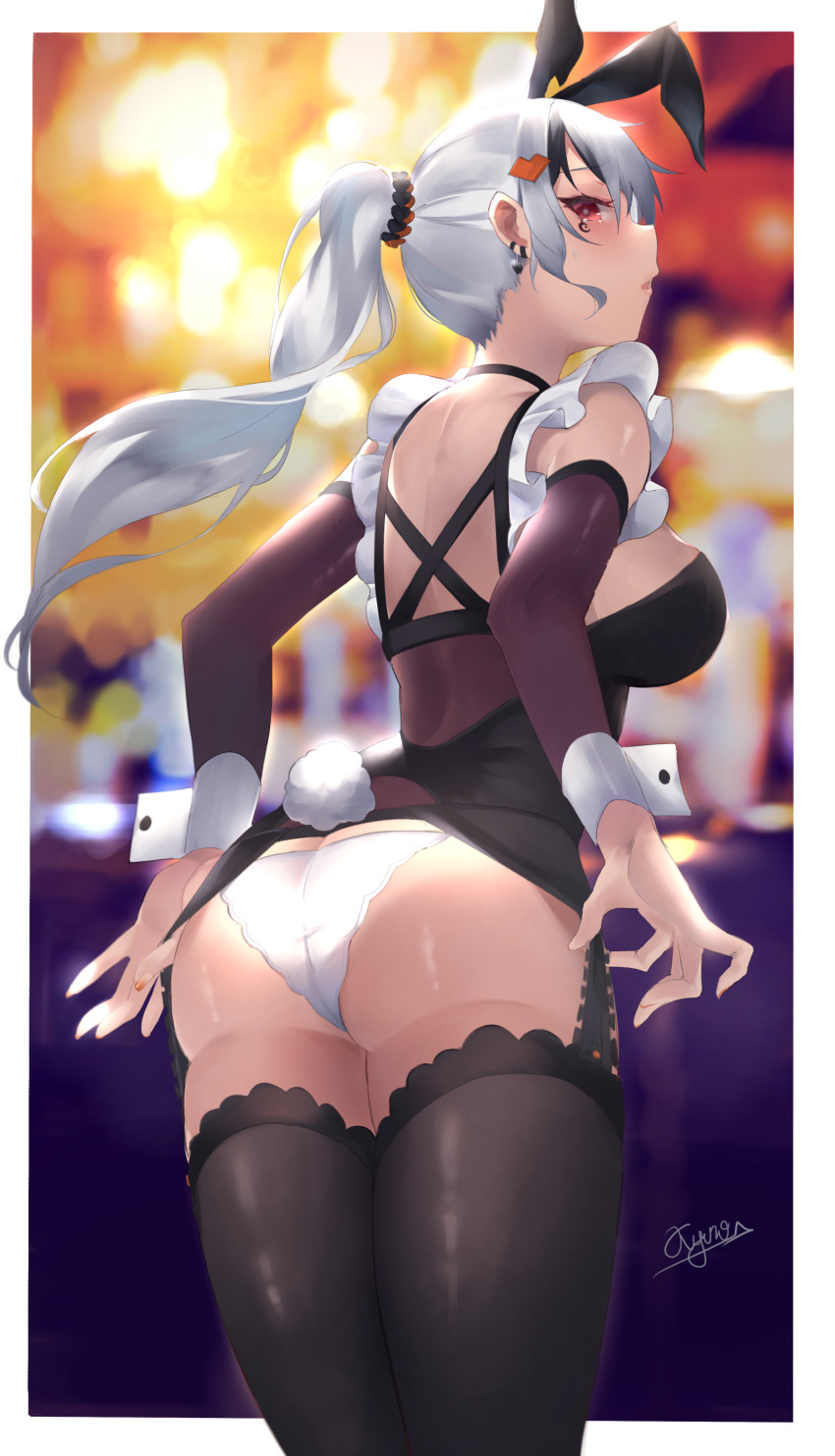 1girl absurdres animal_ears ass bangs black_hair black_legwear black_shirt blurry blurry_background breasts bunny_tail commentary_request detached_sleeves earrings fake_animal_ears from_behind garter_straps hair_ornament heart heart_hair_ornament highres jewelry kyoro_ina long_hair long_sleeves looking_at_viewer looking_back medium_breasts multicolored_hair original panties parted_lips ponytail rabbit_ears red_eyes shirt signature silver_hair solo standing strap_pull streaked_hair tail thigh-highs thighs underwear white_panties