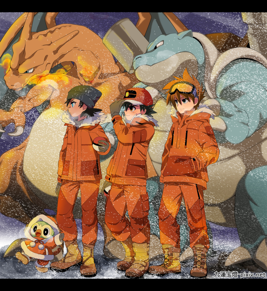 3boys ash_ketchum baseball_cap beanie black_hair blastoise blue_eyes boots breath brown_eyes brown_footwear brown_hair charizard claws closed_mouth clothed_pokemon coffee-break commentary_request expedition_uniform fire fur-trimmed_jacket fur_trim gary_oak gen_1_pokemon gen_8_pokemon gloves goggles goh_(pokemon) grookey hand_in_pocket hat highres holding holding_poke_ball jacket long_sleeves male_focus multiple_boys orange_jacket orange_pants pants poke_ball poke_ball_(basic) pokemon pokemon_(anime) pokemon_swsh_(anime) smile snowing spiky_hair standing starter_pokemon