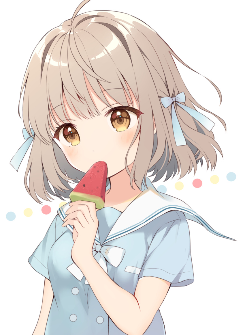 1girl bangs blue_bow blue_shirt blush bow breasts brown_eyes brown_hair commentary_request covered_mouth eyebrows_visible_through_hair food hair_bow hair_intakes hand_up highres holding holding_food looking_at_viewer original popsicle sailor_collar school_uniform serafuku shirt short_sleeves simple_background small_breasts solo upper_body uramakaron watermelon_bar white_background white_bow white_sailor_collar