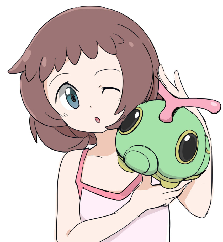 1girl bangs bare_arms brown_hair caterpie commentary_request eyelashes gen_1_pokemon grey_eyes hands_up head_tilt highres nagitaro on_shoulder one_eye_closed open_mouth pink_shirt pokemon pokemon_(anime) pokemon_(creature) pokemon_on_shoulder pokemon_sm_(anime) shirt simple_background sleeveless sleeveless_shirt tongue upper_body white_background